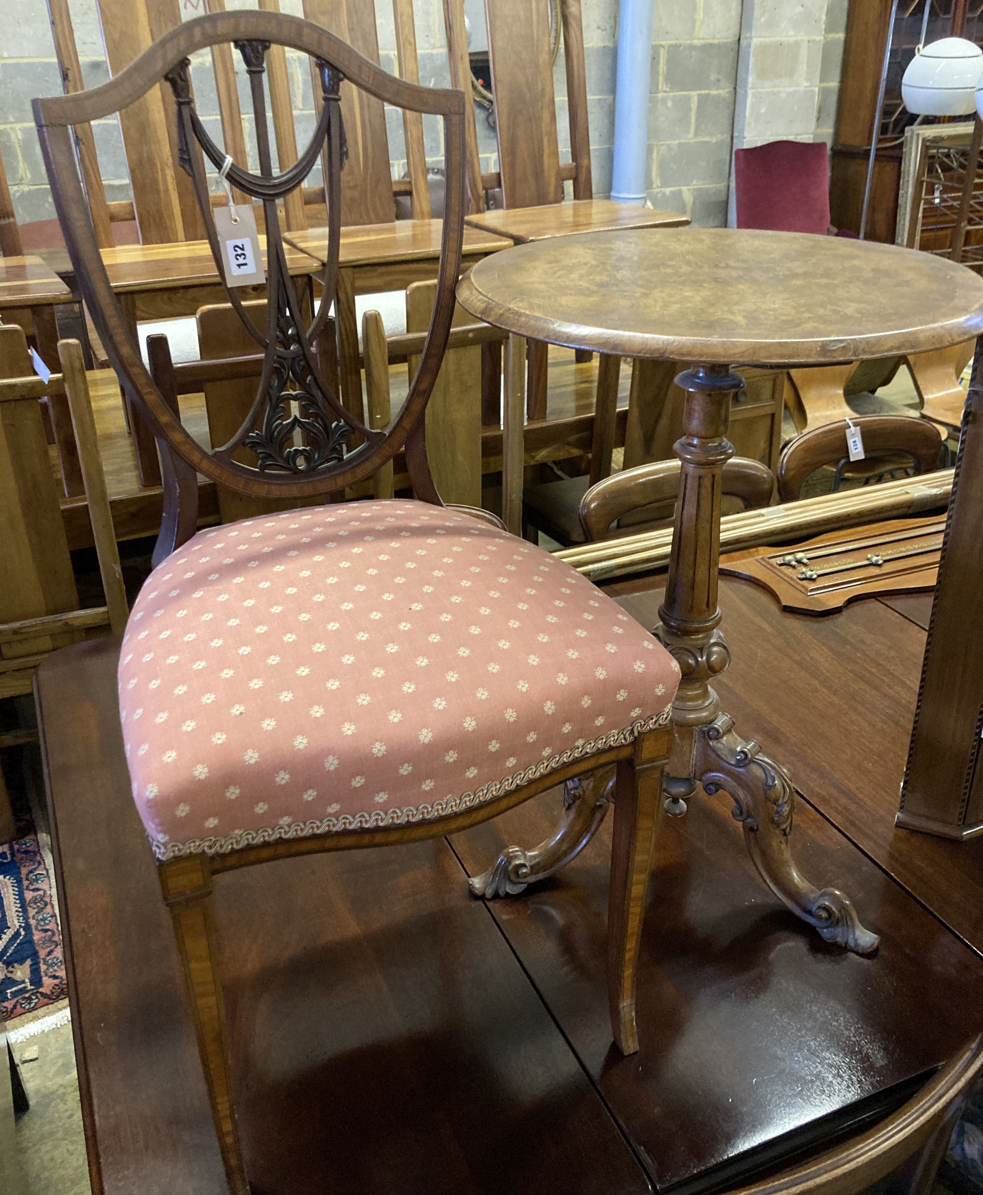 A Victorian burr walnut circular tripod wine table, 48cm diameter, height 70cm and an Edwardian satinwood banded salon chair